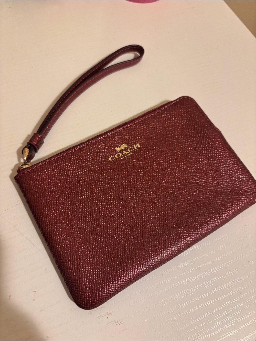 Coach Wine Red Leather Wristlet with Gold Logo